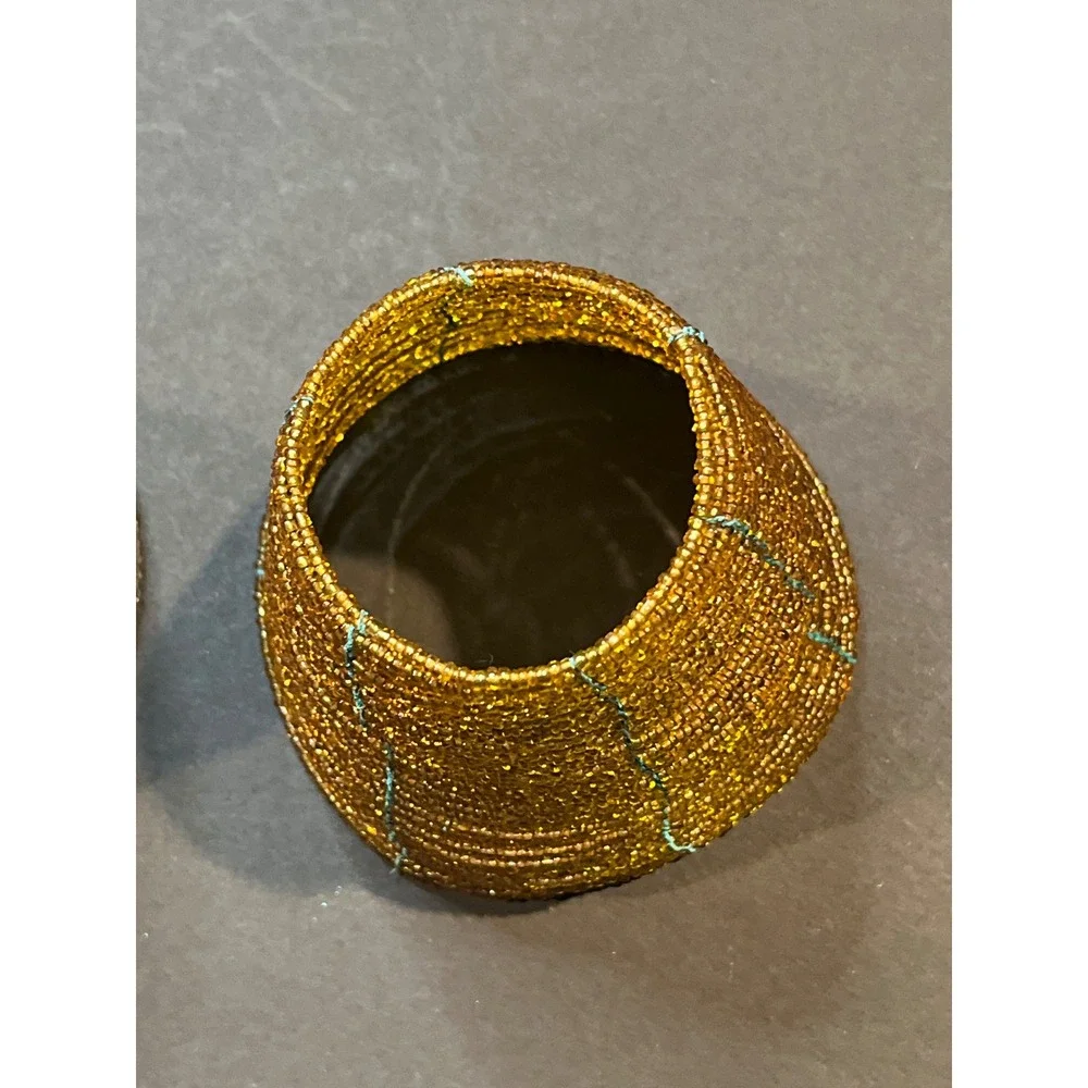Handmade Beaded Napkin Rings Set of 2 Gold Silver Tapered Conical Table Decor